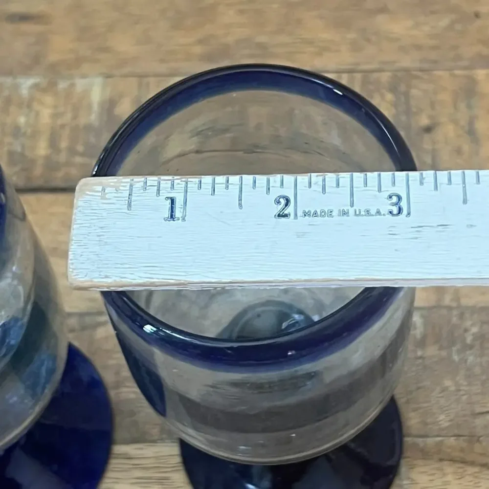 Mexican Hand Blown Goblets Drinking Glasses Cobalt Blue Rim Set of 5